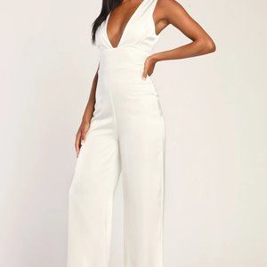 Lulus Ultimate Allure Ivory Satin Wide-Leg Jumpsuit